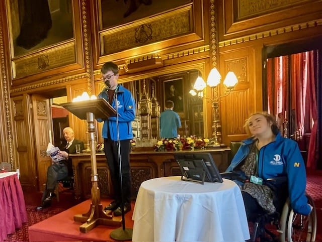 Dawson and Charlie, both 17, deliver speeches in front of Mr Speaker for Jill Dando News