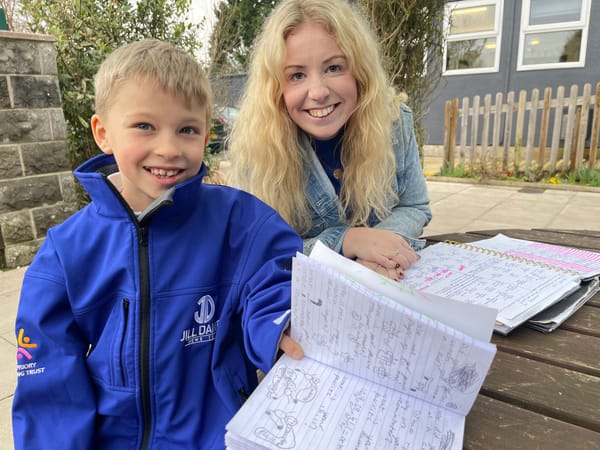 Budding Martin Tyler little Oliver, 7, gets top tips from BBC Radio 5 live football commentator.